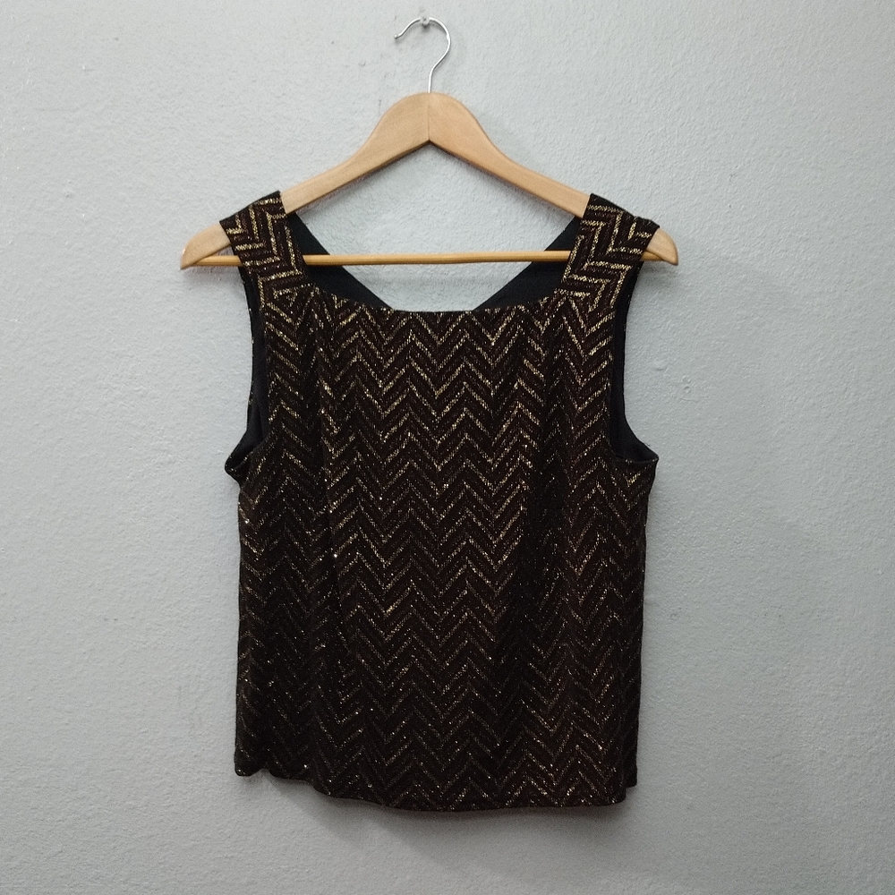 Vintage Jeffrey & Dara Womens 10 Evening Black Gold Glitter Chevron Tank Top